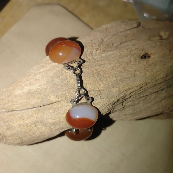 Silvertone Carnelian Agate looking Amber Link Bracelet Oval Cabochons Vintage - Picture 4 of 12